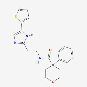 molecular formula C21H23N3O2S B2951801 4-phenyl-N-(2-(4-(thiophen-2-yl)-1H-imidazol-2-yl)ethyl)tetrahydro-2H-pyran-4-carboxamide CAS No. 1396757-97-3