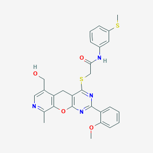 molecular formula C28H26N4O4S2 B2951856 2-((6-(hydroxymethyl)-2-(2-methoxyphenyl)-9-methyl-5H-pyrido[4',3':5,6]pyrano[2,3-d]pyrimidin-4-yl)thio)-N-(3-(methylthio)phenyl)acetamide CAS No. 892380-60-8