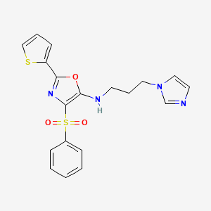 molecular formula C19H18N4O3S2 B2951879 4-(benzenesulfonyl)-N-[3-(1H-imidazol-1-yl)propyl]-2-(thiophen-2-yl)-1,3-oxazol-5-amine CAS No. 627833-37-8