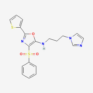 molecular formula C19H18N4O3S2 B2951879 N-[3-(1H-imidazol-1-yl)propyl]-4-(phenylsulfonyl)-2-(2-thienyl)-1,3-oxazol-5-amine CAS No. 627833-37-8