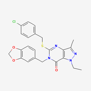 molecular formula C23H21ClN4O3S B2951881 6-(benzo[d][1,3]dioxol-5-ylmethyl)-5-((4-chlorobenzyl)thio)-1-ethyl-3-methyl-1H-pyrazolo[4,3-d]pyrimidin-7(6H)-one CAS No. 1357972-44-1
