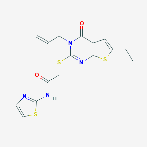 molecular formula C16H16N4O2S3 B295193 2-[(3-allyl-6-ethyl-4-oxo-3,4-dihydrothieno[2,3-d]pyrimidin-2-yl)thio]-N-(1,3-thiazol-2-yl)acetamide 