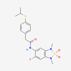 molecular formula C19H22FN3O3S2 B2952237 N-(6-fluoro-1,3-dimethyl-2,2-dioxido-1,3-dihydrobenzo[c][1,2,5]thiadiazol-5-yl)-2-(4-(isopropylthio)phenyl)acetamide CAS No. 2034403-53-5