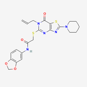 molecular formula C22H23N5O4S2 B2952291 N-(2H-1,3-benzodioxol-5-yl)-2-{[7-oxo-2-(piperidin-1-yl)-6-(prop-2-en-1-yl)-6H,7H-[1,3]thiazolo[4,5-d]pyrimidin-5-yl]sulfanyl}acetamide CAS No. 1207005-84-2