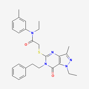 molecular formula C27H31N5O2S B2952343 N-ethyl-2-{[1-ethyl-3-methyl-7-oxo-6-(2-phenylethyl)-1H,6H,7H-pyrazolo[4,3-d]pyrimidin-5-yl]sulfanyl}-N-(3-methylphenyl)acetamide CAS No. 1358707-75-1