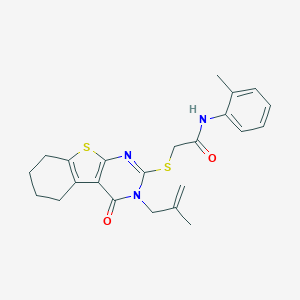 molecular formula C23H25N3O2S2 B295239 N-(2-METHYLPHENYL)-2-{[3-(2-METHYL-2-PROPEN-1-YL)-4-OXO-3,4,5,6,7,8-HEXAHYDRO[1]BENZOTHIENO[2,3-D]PYRIMIDIN-2-YL]SULFANYL}ACETAMIDE 