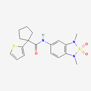 molecular formula C18H21N3O3S2 B2952408 N-(1,3-dimethyl-2,2-dioxido-1,3-dihydrobenzo[c][1,2,5]thiadiazol-5-yl)-1-(thiophen-2-yl)cyclopentanecarboxamide CAS No. 2034587-13-6