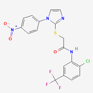 molecular formula C18H12ClF3N4O3S B2952501 N-(2-chloro-5-(trifluoromethyl)phenyl)-2-((1-(4-nitrophenyl)-1H-imidazol-2-yl)thio)acetamide CAS No. 851079-33-9