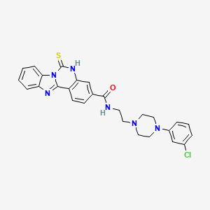 molecular formula C27H25ClN6OS B2952570 N-{2-[4-(3-chlorophenyl)piperazin-1-yl]ethyl}-9-sulfanylidene-8,10,17-triazatetracyclo[8.7.0.0^{2,7}.0^{11,16}]heptadeca-1(17),2,4,6,11(16),12,14-heptaene-5-carboxamide CAS No. 688792-58-7