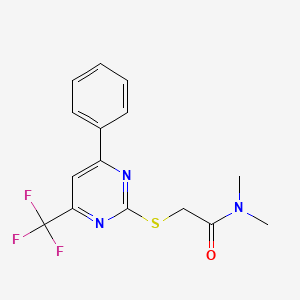 molecular formula C15H14F3N3OS B2952601 N,N-Dimethyl-2-((4-phenyl-6-(trifluoromethyl)pyrimidin-2-yl)thio)acetamide CAS No. 1412228-85-3
