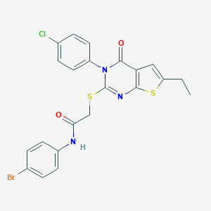molecular formula C22H17BrClN3O2S2 B295267 N-(4-bromophenyl)-2-{[3-(4-chlorophenyl)-6-ethyl-4-oxo-3,4-dihydrothieno[2,3-d]pyrimidin-2-yl]sulfanyl}acetamide 