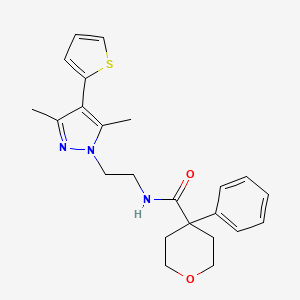 molecular formula C23H27N3O2S B2952696 N-{2-[3,5-dimethyl-4-(thiophen-2-yl)-1H-pyrazol-1-yl]ethyl}-4-phenyloxane-4-carboxamide CAS No. 2034355-83-2