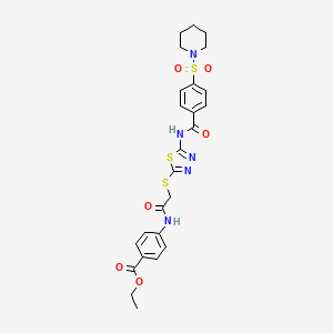 molecular formula C25H27N5O6S3 B2952759 Ethyl 4-(2-((5-(4-(piperidin-1-ylsulfonyl)benzamido)-1,3,4-thiadiazol-2-yl)thio)acetamido)benzoate CAS No. 392293-41-3