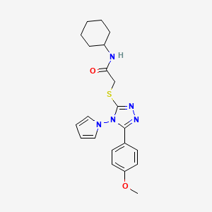 molecular formula C21H25N5O2S B2952806 N-cyclohexyl-2-{[5-(4-methoxyphenyl)-4-(1H-pyrrol-1-yl)-4H-1,2,4-triazol-3-yl]sulfanyl}acetamide CAS No. 896300-43-9