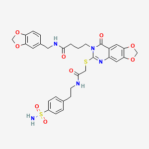 molecular formula C31H31N5O9S2 B2952945 N-[(2H-1,3-benzodioxol-5-yl)methyl]-4-{8-oxo-6-[({[2-(4-sulfamoylphenyl)ethyl]carbamoyl}methyl)sulfanyl]-2H,7H,8H-[1,3]dioxolo[4,5-g]quinazolin-7-yl}butanamide CAS No. 688060-30-2