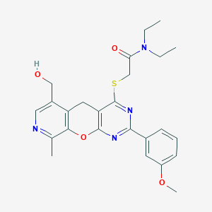 molecular formula C25H28N4O4S B2952949 N,N-diethyl-2-[[11-(hydroxymethyl)-5-(3-methoxyphenyl)-14-methyl-2-oxa-4,6,13-triazatricyclo[8.4.0.03,8]tetradeca-1(10),3(8),4,6,11,13-hexaen-7-yl]sulfanyl]acetamide CAS No. 892381-56-5