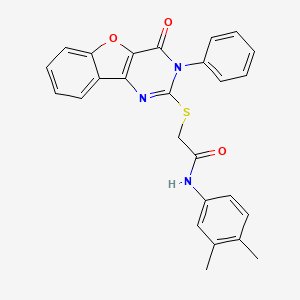 molecular formula C26H21N3O3S B2952991 N-(3,4-dimethylphenyl)-2-({6-oxo-5-phenyl-8-oxa-3,5-diazatricyclo[7.4.0.0^{2,7}]trideca-1(9),2(7),3,10,12-pentaen-4-yl}sulfanyl)acetamide CAS No. 899357-73-4