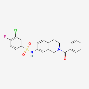 molecular formula C22H18ClFN2O3S B2953042 N-(2-benzoyl-1,2,3,4-tetrahydroisoquinolin-7-yl)-3-chloro-4-fluorobenzene-1-sulfonamide CAS No. 955639-17-5