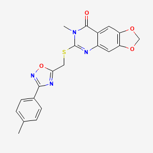 molecular formula C20H16N4O4S B2953055 7-甲基-6-(((3-(对甲苯基)-1,2,4-恶二唑-5-基)甲基)硫代)-[1,3]二氧杂[4,5-g]喹唑啉-8(7H)-酮 CAS No. 1111974-26-5