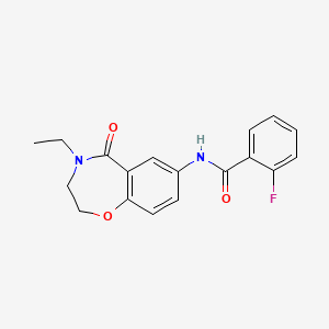 molecular formula C18H17FN2O3 B2953183 N-(4-ethyl-5-oxo-2,3,4,5-tetrahydrobenzo[f][1,4]oxazepin-7-yl)-2-fluorobenzamide CAS No. 921996-26-1