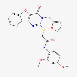 molecular formula C25H21N3O6S B2953206 N-(2,4-dimethoxyphenyl)-2-({5-[(furan-2-yl)methyl]-6-oxo-8-oxa-3,5-diazatricyclo[7.4.0.0^{2,7}]trideca-1(9),2(7),3,10,12-pentaen-4-yl}sulfanyl)acetamide CAS No. 902904-49-8