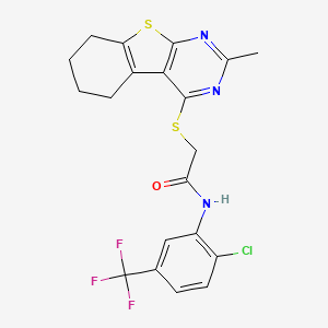 molecular formula C20H17ClF3N3OS2 B2953756 N-[2-chloro-5-(trifluoromethyl)phenyl]-2-({5-methyl-8-thia-4,6-diazatricyclo[7.4.0.0^{2,7}]trideca-1(9),2(7),3,5-tetraen-3-yl}sulfanyl)acetamide CAS No. 453583-02-3