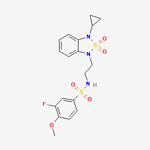 molecular formula C18H20FN3O5S2 B2953867 N-[2-(3-cyclopropyl-2,2-dioxo-1,3-dihydro-2lambda6,1,3-benzothiadiazol-1-yl)ethyl]-3-fluoro-4-methoxybenzene-1-sulfonamide CAS No. 2097866-83-4