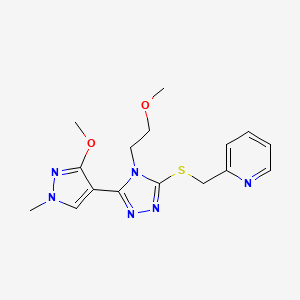 molecular formula C16H20N6O2S B2953945 2-(((5-(3-methoxy-1-methyl-1H-pyrazol-4-yl)-4-(2-methoxyethyl)-4H-1,2,4-triazol-3-yl)thio)methyl)pyridine CAS No. 1014095-45-4