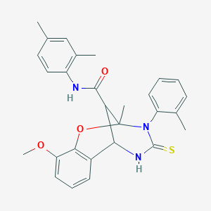 molecular formula C28H29N3O3S B2954024 N-(2,4-dimethylphenyl)-10-methoxy-2-methyl-3-(2-methylphenyl)-4-thioxo-3,4,5,6-tetrahydro-2H-2,6-methano-1,3,5-benzoxadiazocine-11-carboxamide CAS No. 1023527-31-2