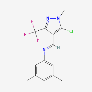 molecular formula C14H13ClF3N3 B2954036 N-{(E)-[5-chloro-1-methyl-3-(trifluoromethyl)-1H-pyrazol-4-yl]methylidene}-3,5-dimethylaniline CAS No. 956612-26-3