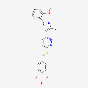 molecular formula C23H18F3N3OS2 B2954077 2-(2-Methoxyphenyl)-4-methyl-5-(6-((4-(trifluoromethyl)benzyl)thio)pyridazin-3-yl)thiazole CAS No. 954662-36-3