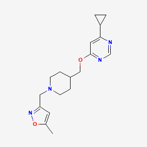 molecular formula C18H24N4O2 B2954161 3-((4-(((6-Cyclopropylpyrimidin-4-yl)oxy)methyl)piperidin-1-yl)methyl)-5-methylisoxazole CAS No. 2320376-20-1