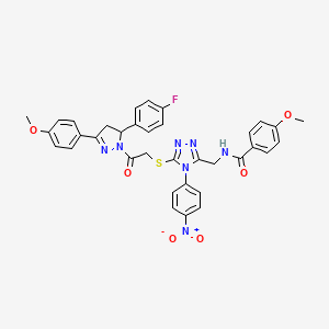 molecular formula C35H30FN7O6S B2954196 N-{[5-({2-[5-(4-fluorophenyl)-3-(4-methoxyphenyl)-4,5-dihydro-1H-pyrazol-1-yl]-2-oxoethyl}sulfanyl)-4-(4-nitrophenyl)-4H-1,2,4-triazol-3-yl]methyl}-4-methoxybenzamide CAS No. 393583-91-0