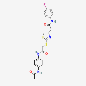 molecular formula C21H19FN4O3S2 B2954301 N-(4-acetamidophenyl)-2-((4-(2-((4-fluorophenyl)amino)-2-oxoethyl)thiazol-2-yl)thio)acetamide CAS No. 941961-10-0