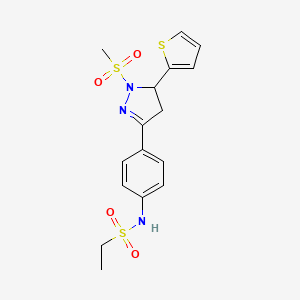 molecular formula C16H19N3O4S3 B2954331 N-(4-(1-(methylsulfonyl)-5-(thiophen-2-yl)-4,5-dihydro-1H-pyrazol-3-yl)phenyl)ethanesulfonamide CAS No. 797775-15-6