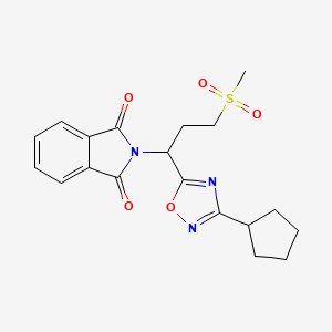 molecular formula C19H21N3O5S B2954337 2-(1-(3-Cyclopentyl-1,2,4-oxadiazol-5-yl)-3-(methylsulfonyl)propyl)isoindoline-1,3-dione CAS No. 1809474-56-3