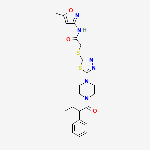 molecular formula C22H26N6O3S2 B2954343 N-(5-methyl-1,2-oxazol-3-yl)-2-({5-[4-(2-phenylbutanoyl)piperazin-1-yl]-1,3,4-thiadiazol-2-yl}sulfanyl)acetamide CAS No. 1170445-79-0