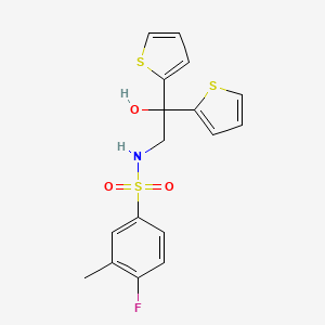 molecular formula C17H16FNO3S3 B2954363 4-fluoro-N-(2-hydroxy-2,2-di(thiophen-2-yl)ethyl)-3-methylbenzenesulfonamide CAS No. 2034585-16-3