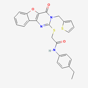 molecular formula C25H21N3O3S2 B2954404 N-(4-ethylphenyl)-2-({6-oxo-5-[(thiophen-2-yl)methyl]-8-oxa-3,5-diazatricyclo[7.4.0.0^{2,7}]trideca-1(9),2(7),3,10,12-pentaen-4-yl}sulfanyl)acetamide CAS No. 899754-73-5