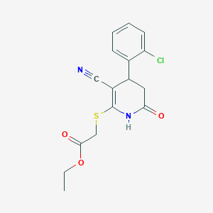 molecular formula C16H15ClN2O3S B2954415 Ethyl {[4-(2-chlorophenyl)-3-cyano-6-oxo-1,4,5,6-tetrahydropyridin-2-yl]sulfanyl}acetate CAS No. 331852-31-4