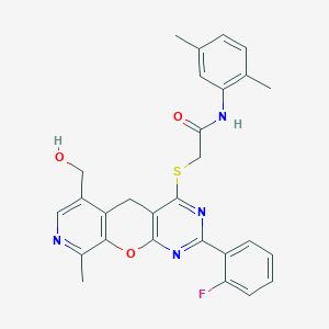 molecular formula C28H25FN4O3S B2954441 N-(2,5-dimethylphenyl)-2-[[5-(2-fluorophenyl)-11-(hydroxymethyl)-14-methyl-2-oxa-4,6,13-triazatricyclo[8.4.0.03,8]tetradeca-1(10),3(8),4,6,11,13-hexaen-7-yl]sulfanyl]acetamide CAS No. 892386-10-6
