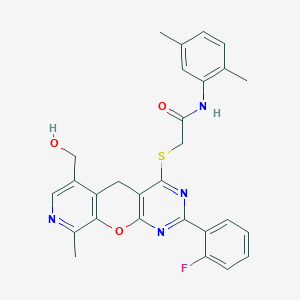 N-(2,5-dimethylphenyl)-2-((2-(2-fluorophenyl)-6-(hydroxymethyl)-9-methyl-5H-pyrido[4',3':5,6]pyrano[2,3-d]pyrimidin-4-yl)thio)acetamide