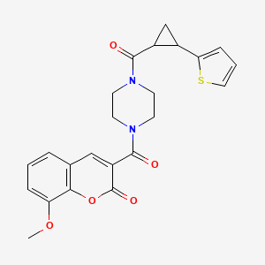 8-methoxy-3-(4-(2-(thiophen-2-yl)cyclopropanecarbonyl)piperazine-1-carbonyl)-2H-chromen-2-one