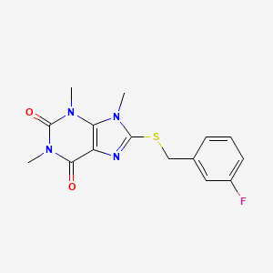 molecular formula C15H15FN4O2S B2954508 8-{[(3-fluorophenyl)methyl]sulfanyl}-1,3,9-trimethyl-2,3,6,9-tetrahydro-1H-purine-2,6-dione CAS No. 897453-12-2