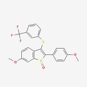 molecular formula C23H17F3O3S2 B2954523 6-methoxy-2-(4-methoxyphenyl)-3-{[3-(trifluoromethyl)phenyl]sulfanyl}-1H-1-benzothiophen-1-one CAS No. 477762-73-5