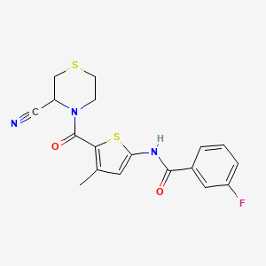 molecular formula C18H16FN3O2S2 B2954600 N-[5-(3-cyanothiomorpholine-4-carbonyl)-4-methylthiophen-2-yl]-3-fluorobenzamide CAS No. 1797640-56-2