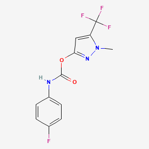molecular formula C12H9F4N3O2 B2954607 1-methyl-5-(trifluoromethyl)-1H-pyrazol-3-yl N-(4-fluorophenyl)carbamate CAS No. 477713-74-9