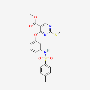 molecular formula C21H21N3O5S2 B2954608 Ethyl 4-(3-{[(4-methylphenyl)sulfonyl]amino}phenoxy)-2-(methylsulfanyl)-5-pyrimidinecarboxylate CAS No. 478065-31-5