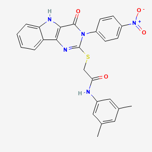 molecular formula C26H21N5O4S B2954677 N-(3,5-dimethylphenyl)-2-{[3-(4-nitrophenyl)-4-oxo-3H,4H,5H-pyrimido[5,4-b]indol-2-yl]sulfanyl}acetamide CAS No. 536716-88-8