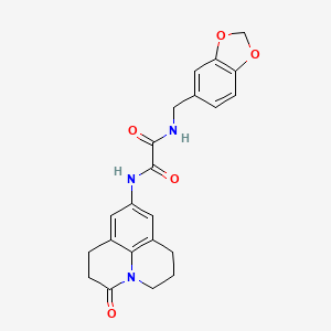 molecular formula C22H21N3O5 B2954682 N1-(benzo[d][1,3]dioxol-5-ylmethyl)-N2-(3-oxo-1,2,3,5,6,7-hexahydropyrido[3,2,1-ij]quinolin-9-yl)oxalamide CAS No. 898427-76-4